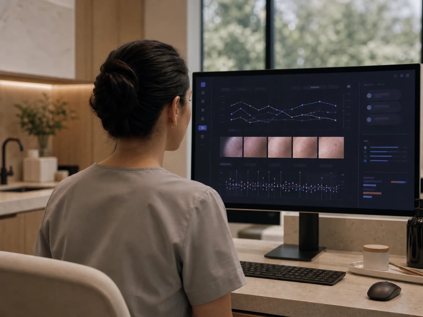 A clinician reviewing de-identified aesthetic medicine data inside a modern clinic